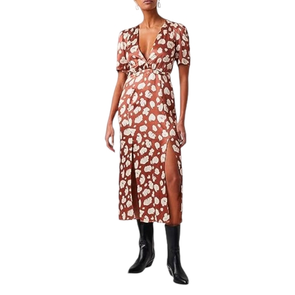 French Connection Aimee Abstract Print Midi Dress Brown Patina Cream sz 6 - Picture 1 of 12